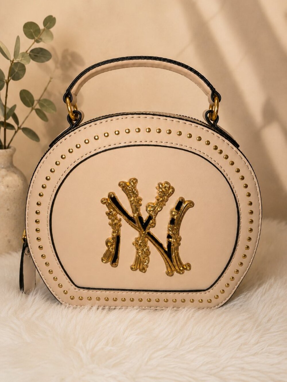 NY Yankees Inspired Beige Round Crossbody Bag Studded Purse Gold Hardware